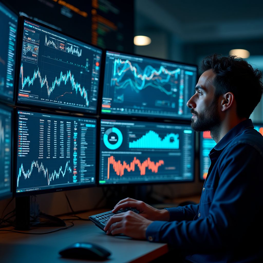 Investigación financiera y análisis de datos en oficina